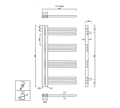 DORLION fürdőszobai radiátor, 500x900mm, matt fekete (1130-20)